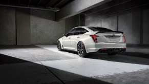 Rear 7/8 view of the 2024 Cadillac CT5-V Blackwing in Summit White.