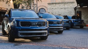 A lineup of the blue 2024 Kia Telluride, priced at different levels