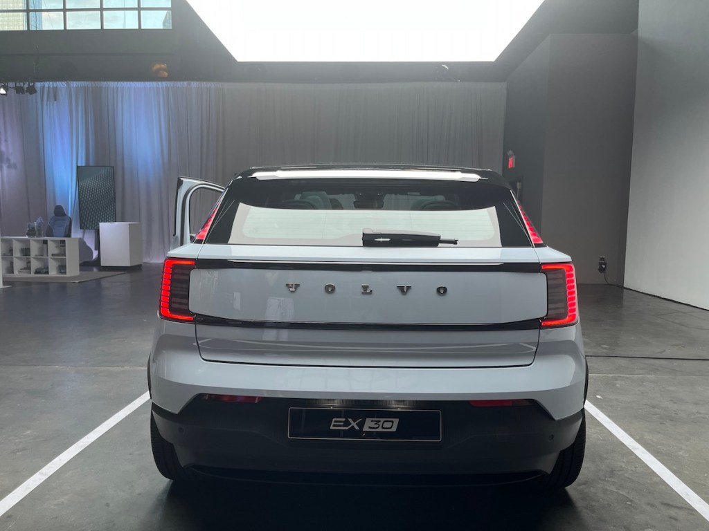 A rear view of the 2025 Volvo EX30 during the NY reveal.