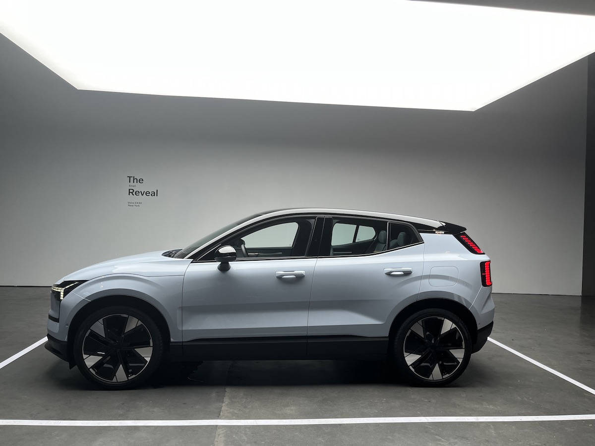 A side profile view of the 2025 Volvo EX30 during the NY reveal.