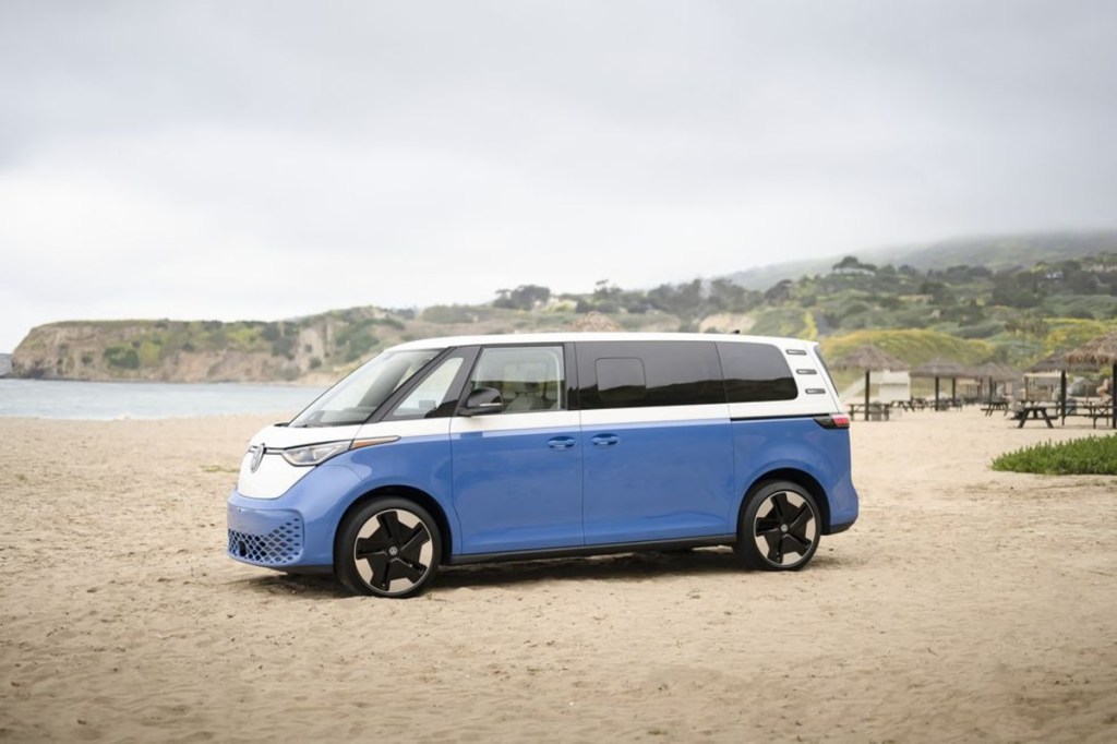 Blue 2025 Volkswagen id. Buzz van on sand