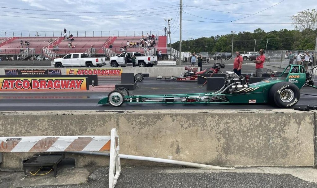 Comp dragsters staging at Atco Dragway in South Jersey 