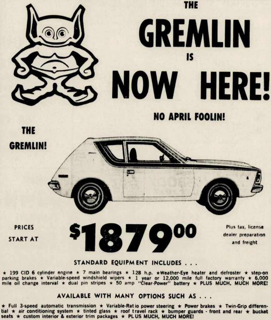 Early AMC Gremlin advertising for $1,879 base price