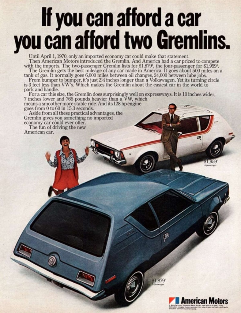 AMC Gremlin advertising promoting how inexpensive it was