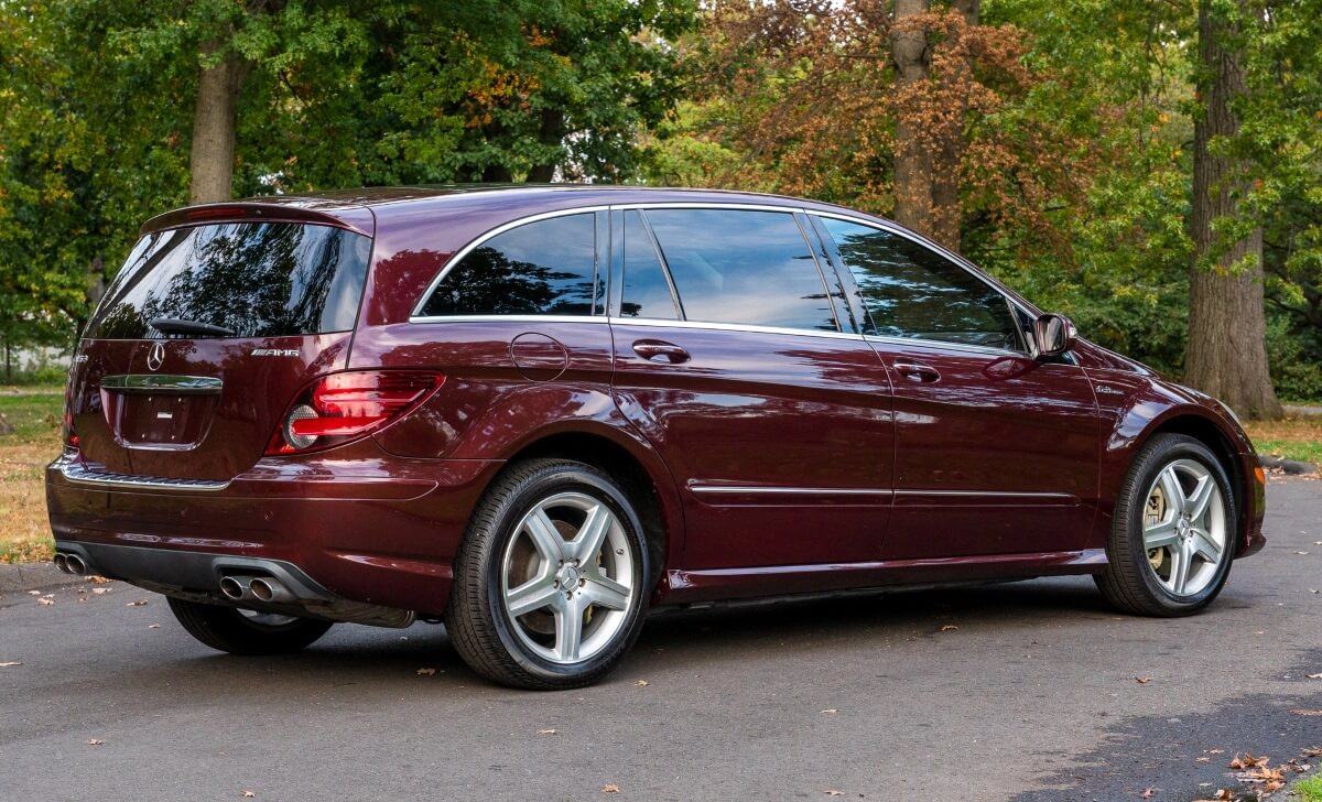 The Mercedes-Benz R63 AMG van in red from the rear