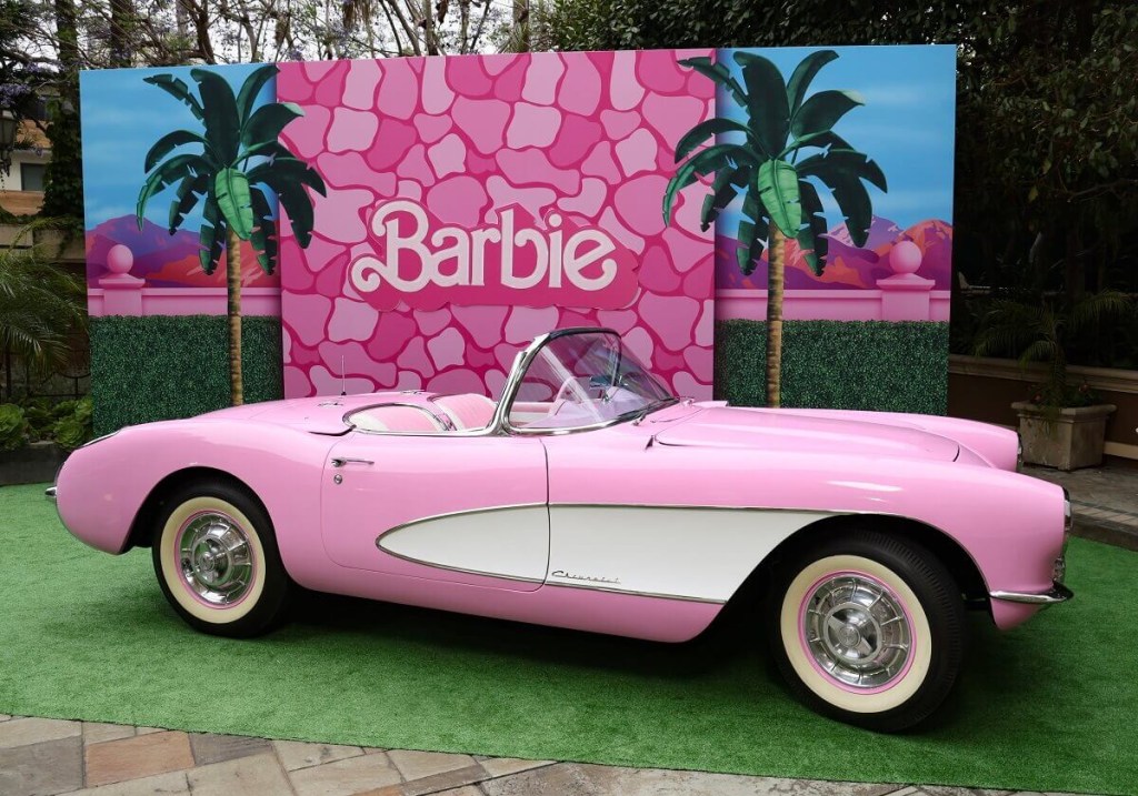 A 1956 Chevrolet Corvette that Margot Robbie drove in the movie "Barbie" shows off its drop-top car platform. 