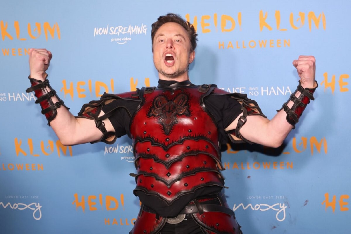 Elon Musk celebrates at a Halloween costume party.