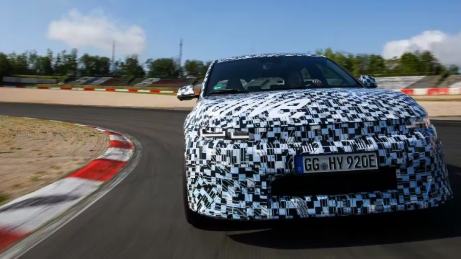 A teaser image of the 2024 Hyundai Ioniq 5 N small electric SUV on a track.