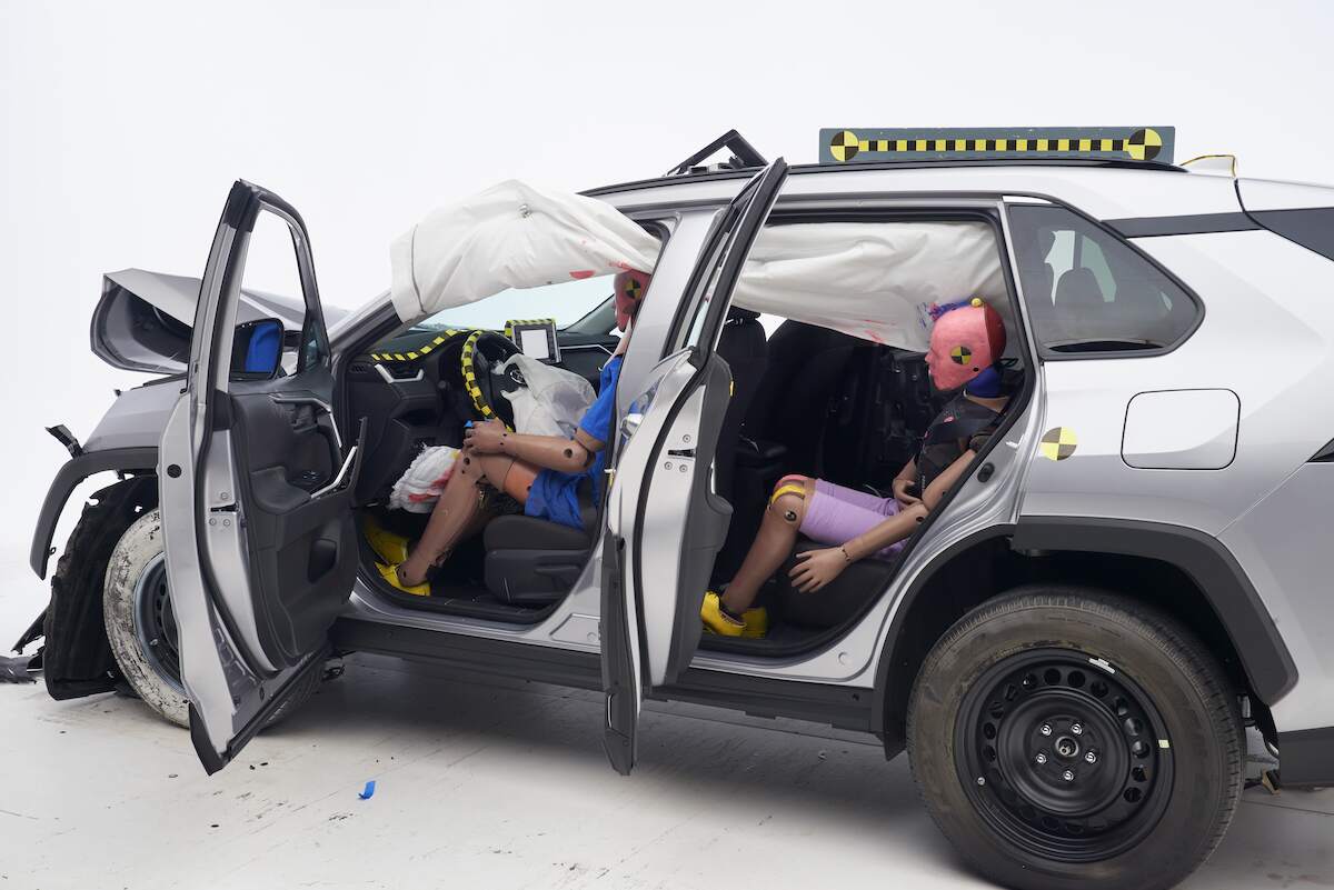 A 2021 Toyota RAV4 after a IIHS rear seat safety test