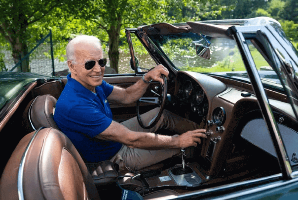 President Joe Biden smiles in his 1967 Chevrolet Corvette Stingray.