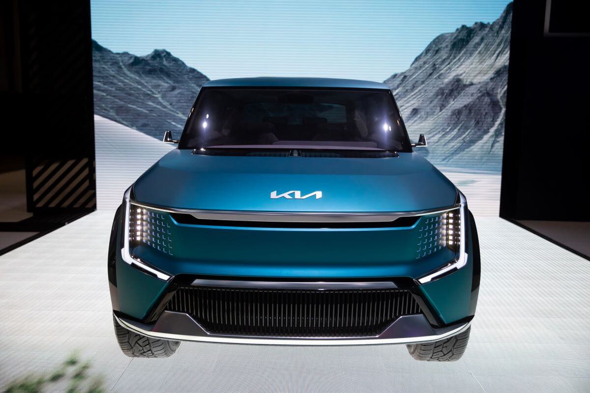 The Kia EV9 all-electric SUV model grille on display at the 2022 New York International Auto Show