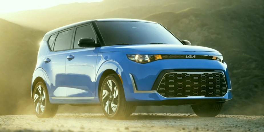 A blue Kia Soul subcompact SUV fully loaded is still pretty affordable.