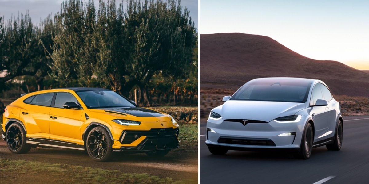 (L) A yellow Lamborghini Urus is parked. (R) A white Tesla Model X is driving on the road).
