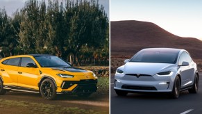 (L) A yellow Lamborghini Urus is parked. (R) A white Tesla Model X is driving on the road).