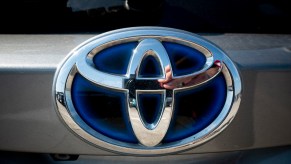 A Toyota logo. Toyota sales are trending on the way down.