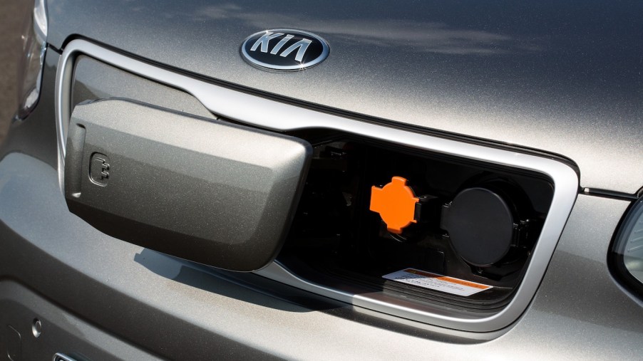 The exterior front grille of the Kia with the lowest maintenance cost annually, the Kia Soul EV