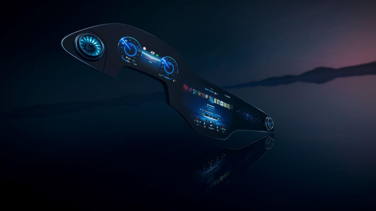 Visualization concept art of Mercedes-Benz MBUX Hyperscreen infotainment feature floating in a reflective void