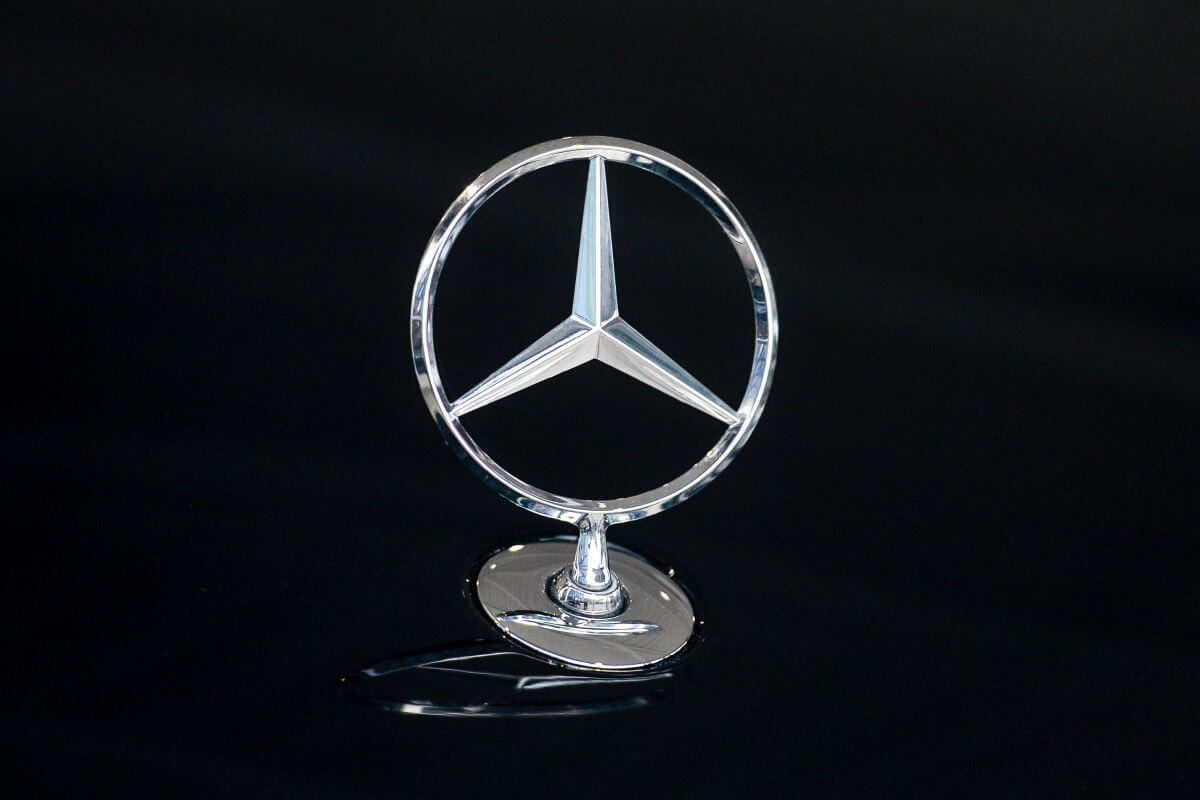 The logo/emblem of the Mercedes-Benz German luxury automotive brand seen in Dublin, Ireland
