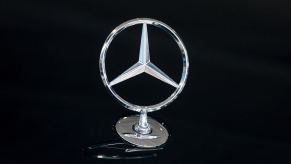 The logo/emblem of the Mercedes-Benz German luxury automotive brand seen in Dublin, Ireland