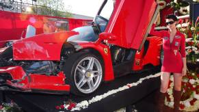 A wrecked Ferrari F40 at wake for the car.