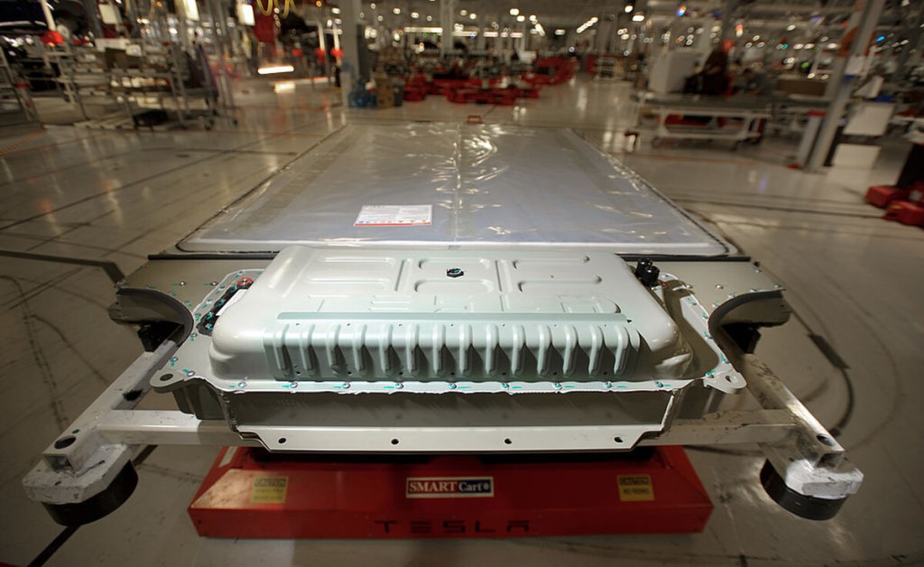 Tesla battery pack on the assembly line