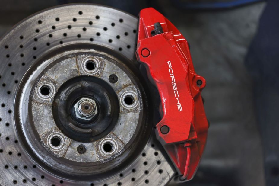 The brake caliper and rotor assembly for a Porsche Taycan in Dortmund, Germany