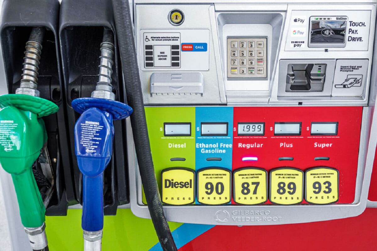 A gas pump shows off its premium fuel, non-ethanol, and low-octane options.
