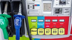 A gas pump shows off its premium fuel, non-ethanol, and low-octane options.