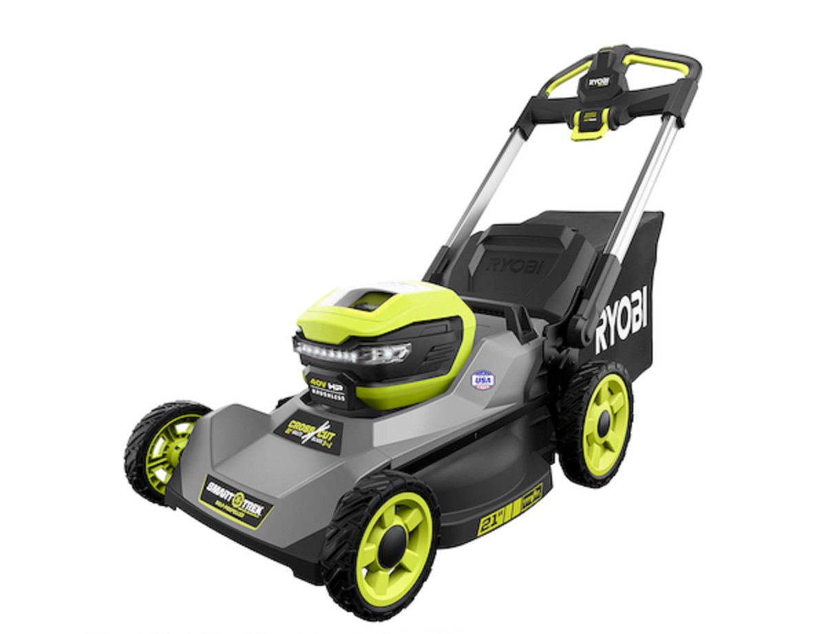 A RYOBI electric self-propelled mower shows off its small size.