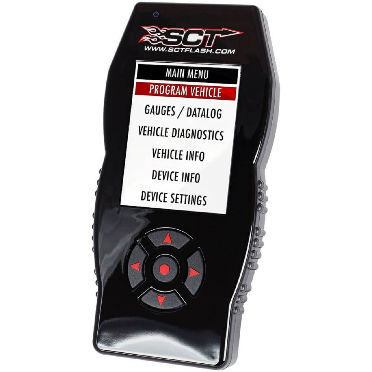 A plug-in SCT tuner for a muscle car ECU shows its menu. 