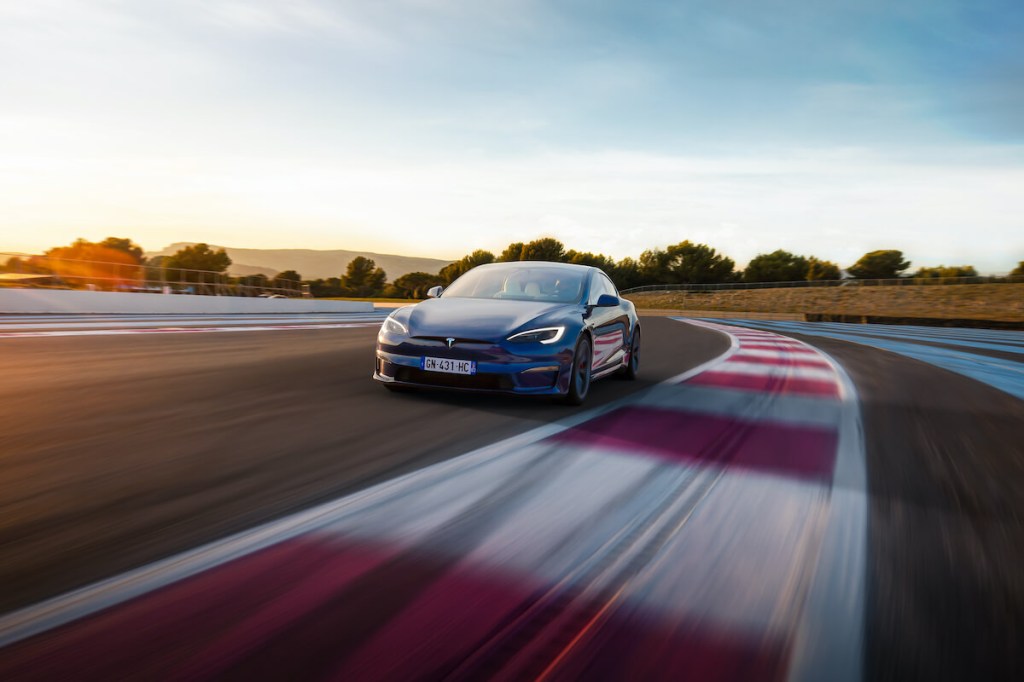 A front view of the Tesla Model S on the track
