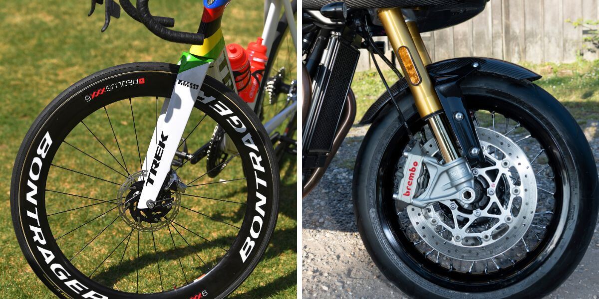 The brakes on the front wheel of a Trek bike with Pirelli tires (L) and a 2019 Triumph Thruxton motorcycle (R)
