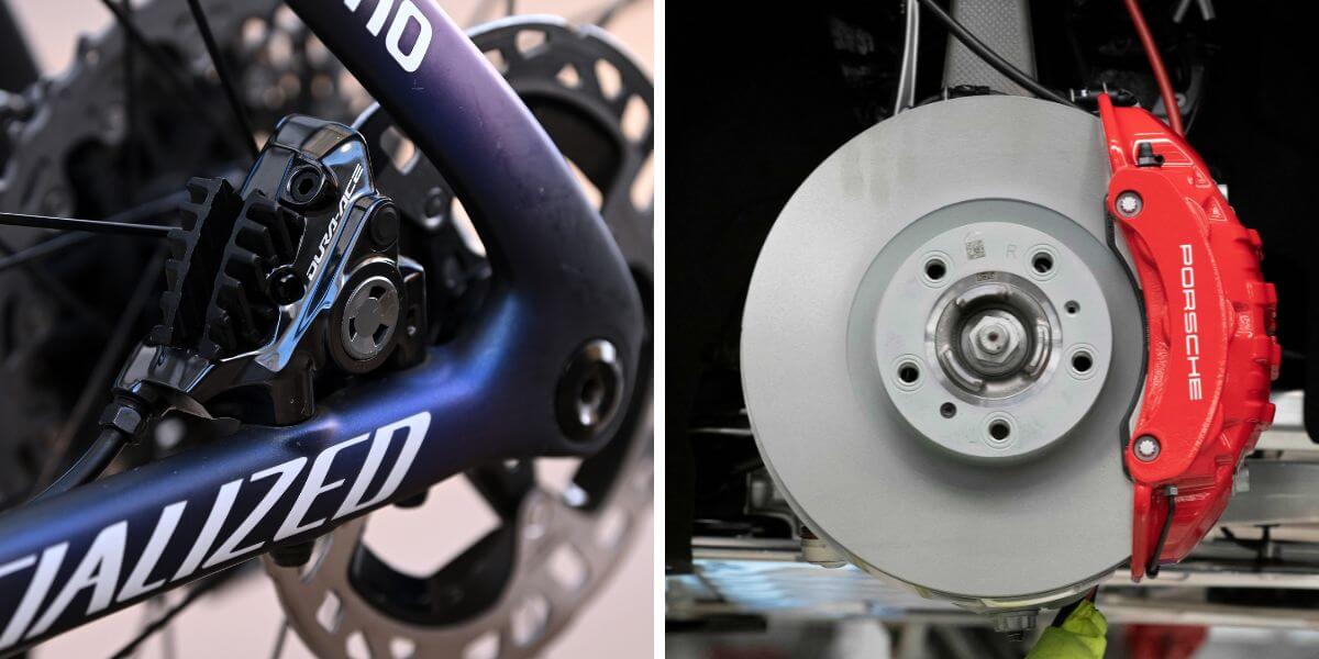 A specialize disk brake on a bicycle (L) and the brake assembly of a rotor and caliper on a Porsche Taycan (R)
