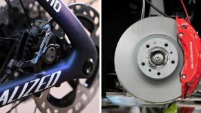 A specialize disk brake on a bicycle (L) and the brake assembly of a rotor and caliper on a Porsche Taycan (R)