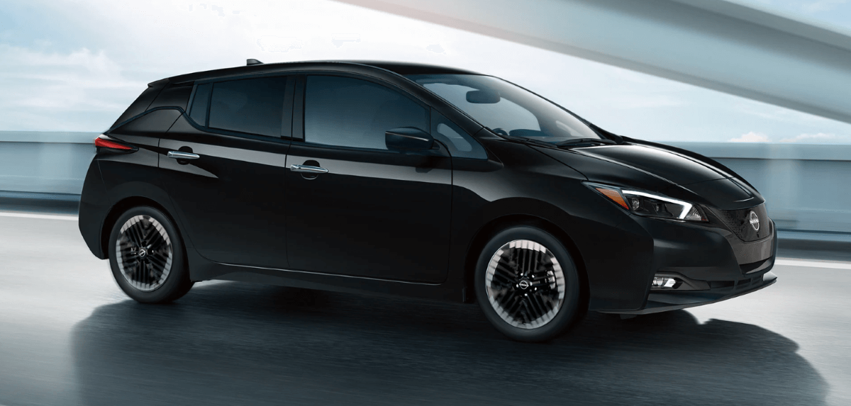 A 2024 Nissan Leaf SV Plus all-electric hatchback model in Super Black