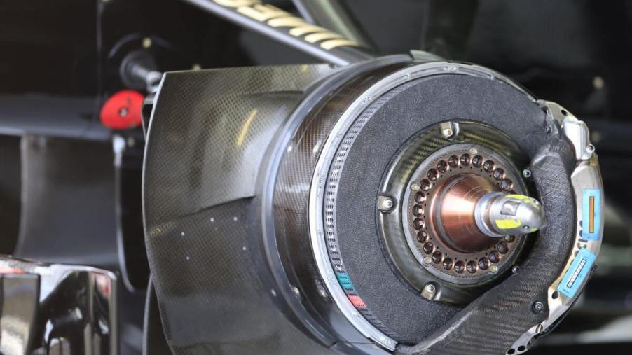 Racing brake pads and calipers at the British Formula One Grand Prix at the Silverstone circuit
