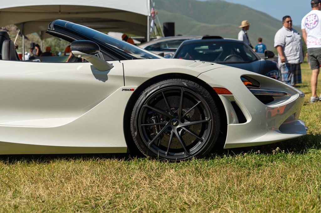 2024 McLaren 750S in white sitting at the Sun Valley Tour de Force Car Show in Ketchum, Idaho in 2023 
