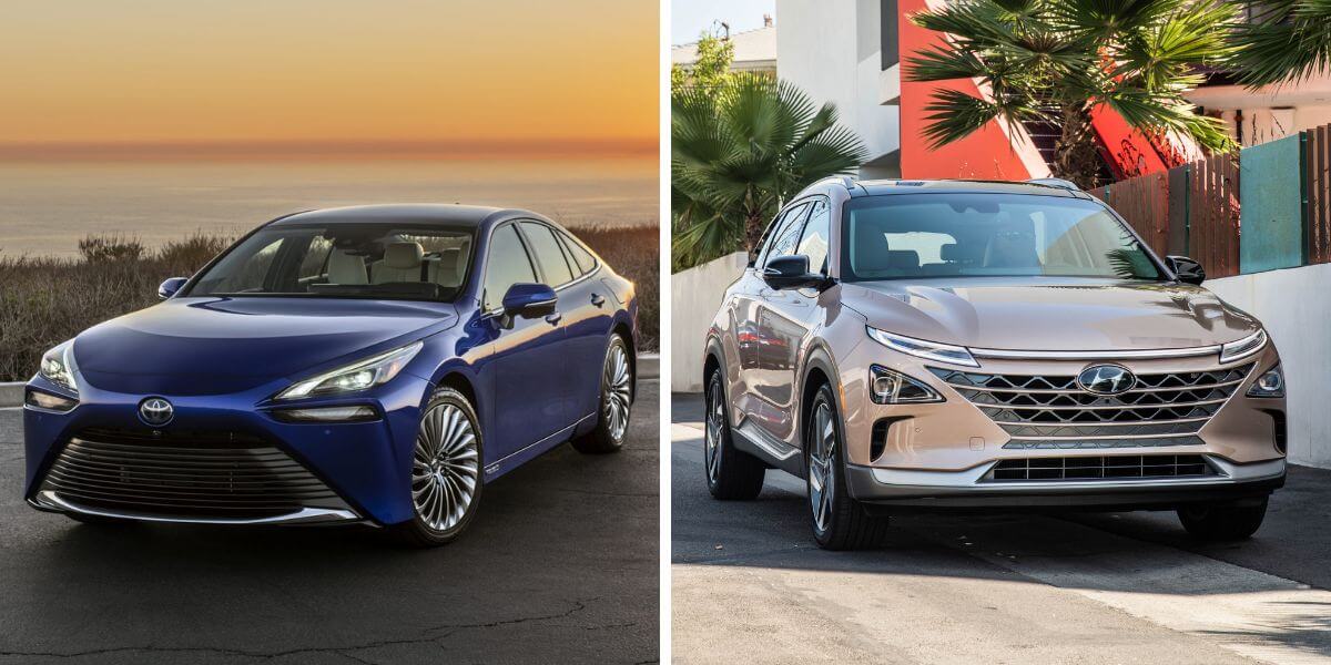 The Toyota Mirai midsize car (L) and Hyundai Nexo crossover SUV (R) hydrogen fuel cell vehicles (HFCVs)