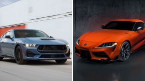 The 2024 model year Ford Mustang sedab (L) and Toyota GR Supra coupe (R) sports cars