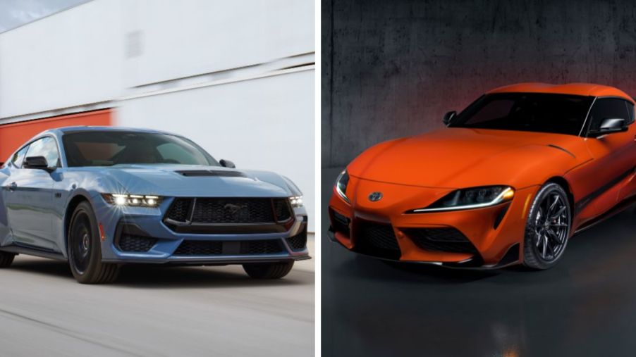 The 2024 model year Ford Mustang sedab (L) and Toyota GR Supra coupe (R) sports cars