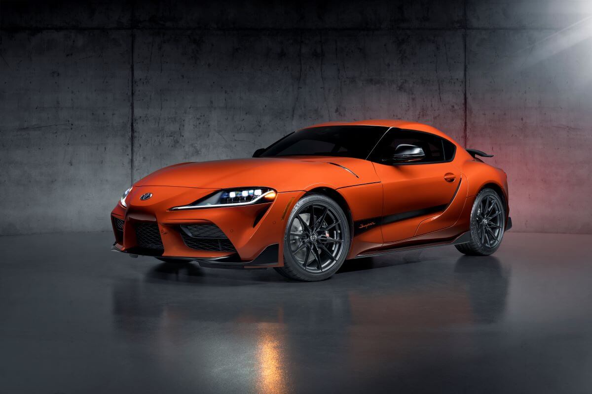 A promotion shot of the 2024 Toyota GR Supra 45th Anniversary Edition sports car coupe model