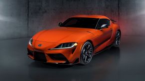 The 2024 Toytota GR Supra 45th Anniversary Edition sports car coupe model in Mikan Blast orange