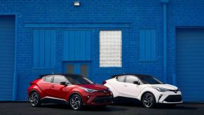 Red and white 2022 Toyota C-HR subcompact crossover SUV models parked in front of a blue painted brick wall