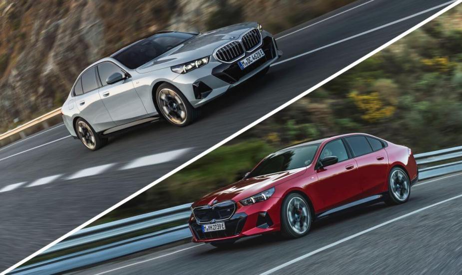 A collage of a gray (L) and red (R) 2024 BMW 5 Series executive car models