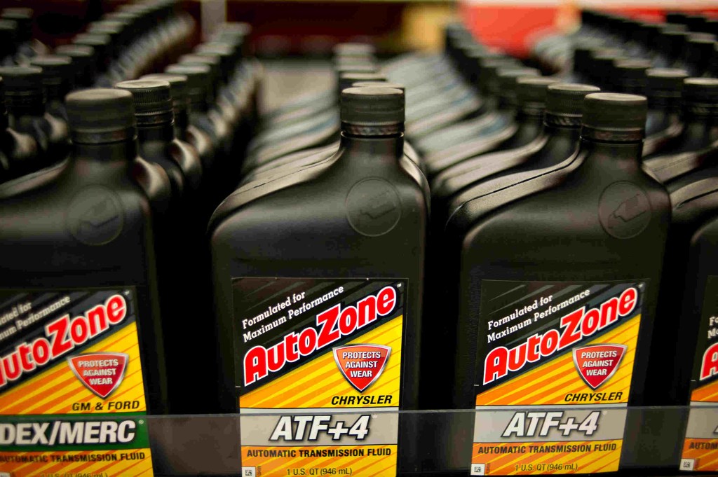 Bottles of ATF+4 transmission fluid for Chrysler vehicles from Autozone