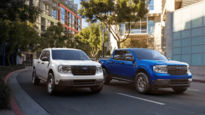 White and blue 2024 Ford Maverick compact pickup truck models driving under tree shade in a city downtown