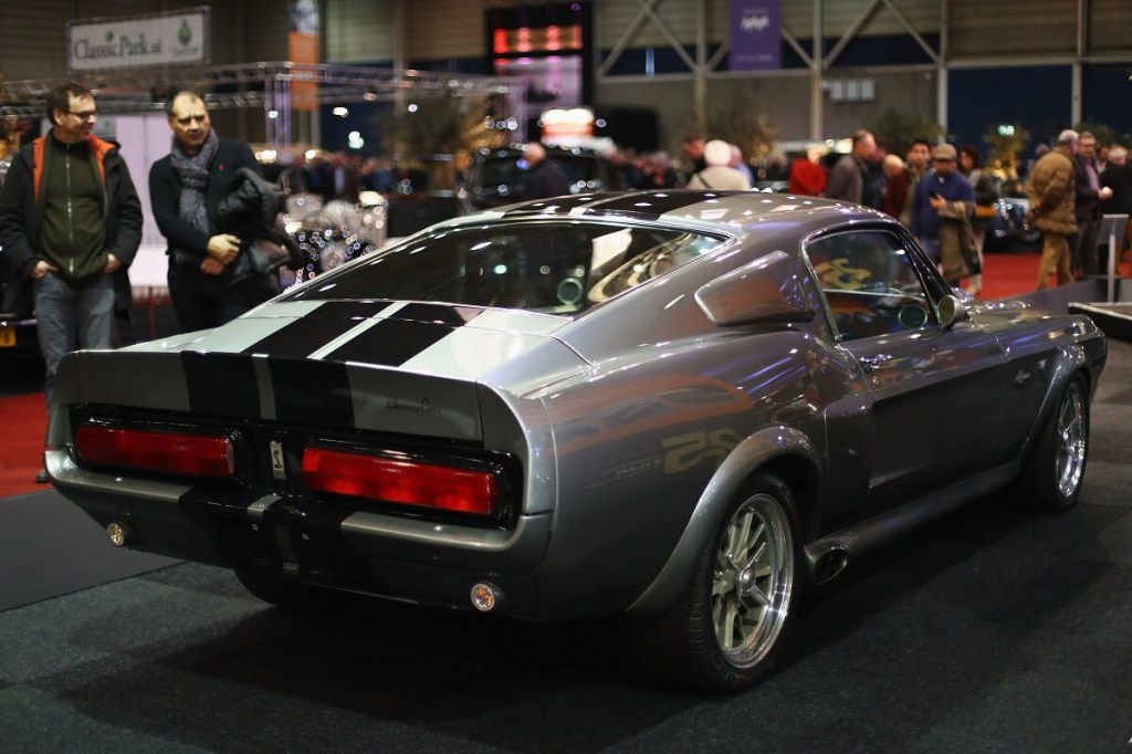 A silver and black 1967 Ford Mustang Shelby GT500 from the movie Gone in 60 Seconds shows off its lines. 
