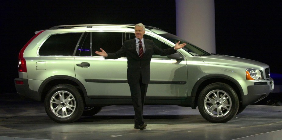 A spokesperson shows off the 2002 XC90 during a reveal.