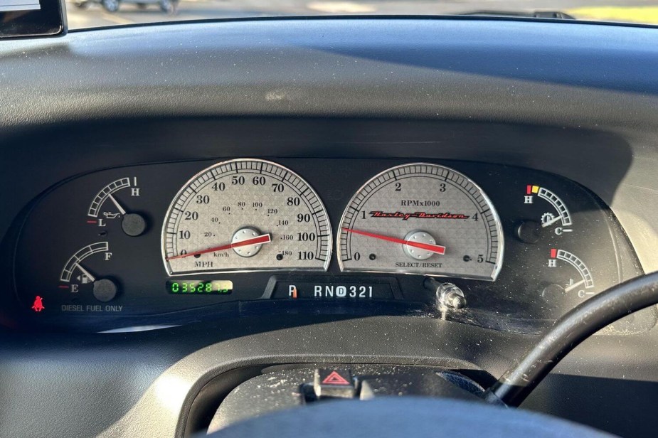 The instrument cluster of a 2004 Ford F-250 Super Duty with the 6.0-liter Power Stroke diesel engine.
