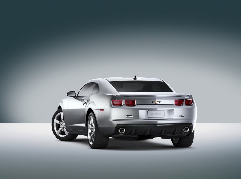 A silver 2010 Chevy Camaro SS shows off its rear-end styling.